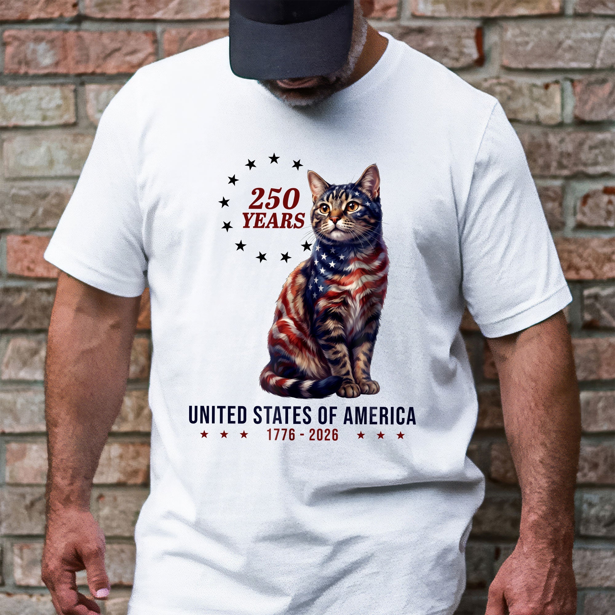 Patriotic American Cat T-Shirt, 250 Years of America 1776 2026 Tee for Cat Lovers