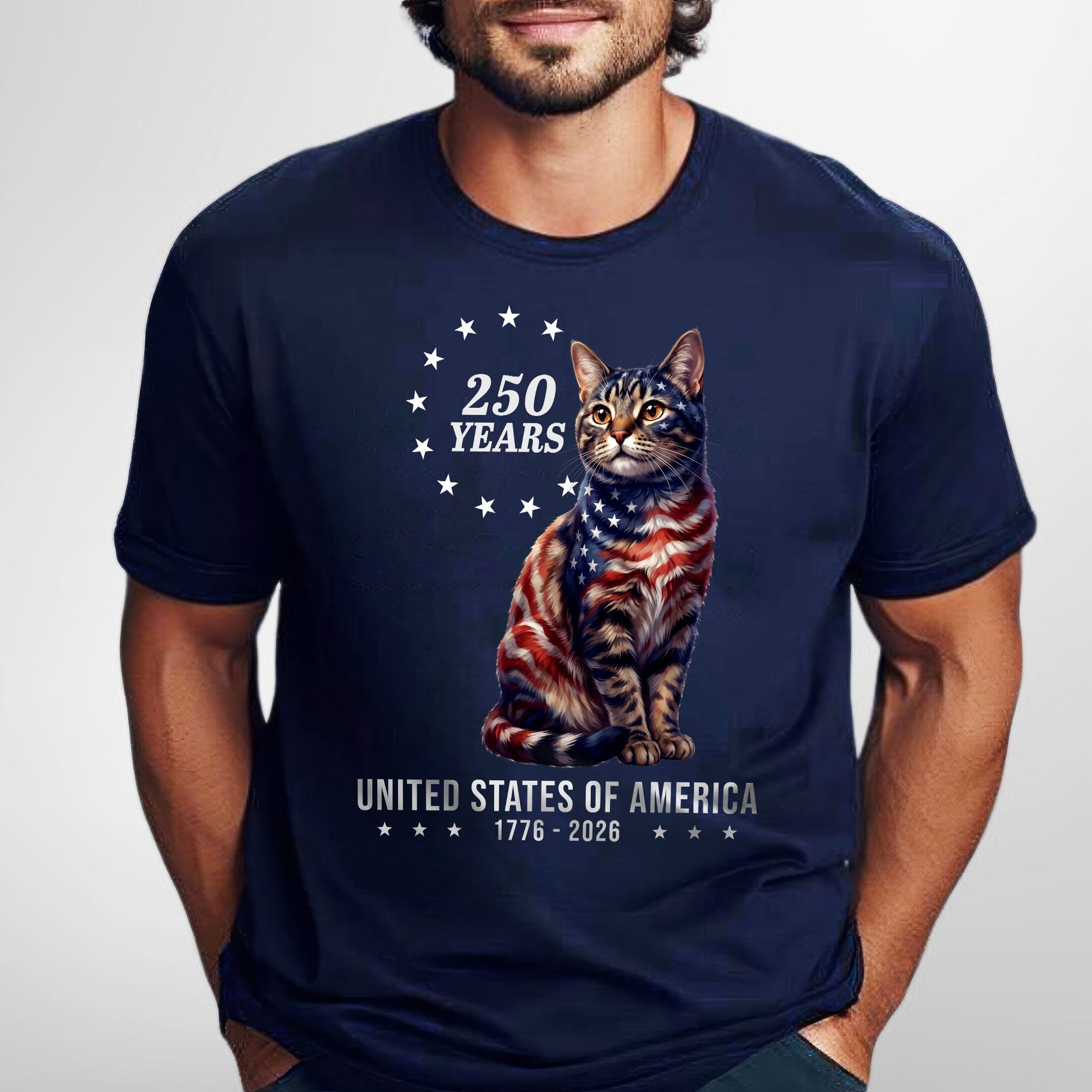 Patriotic American Cat T-Shirt, 250 Years of America 1776 2026 Tee for Cat Lovers