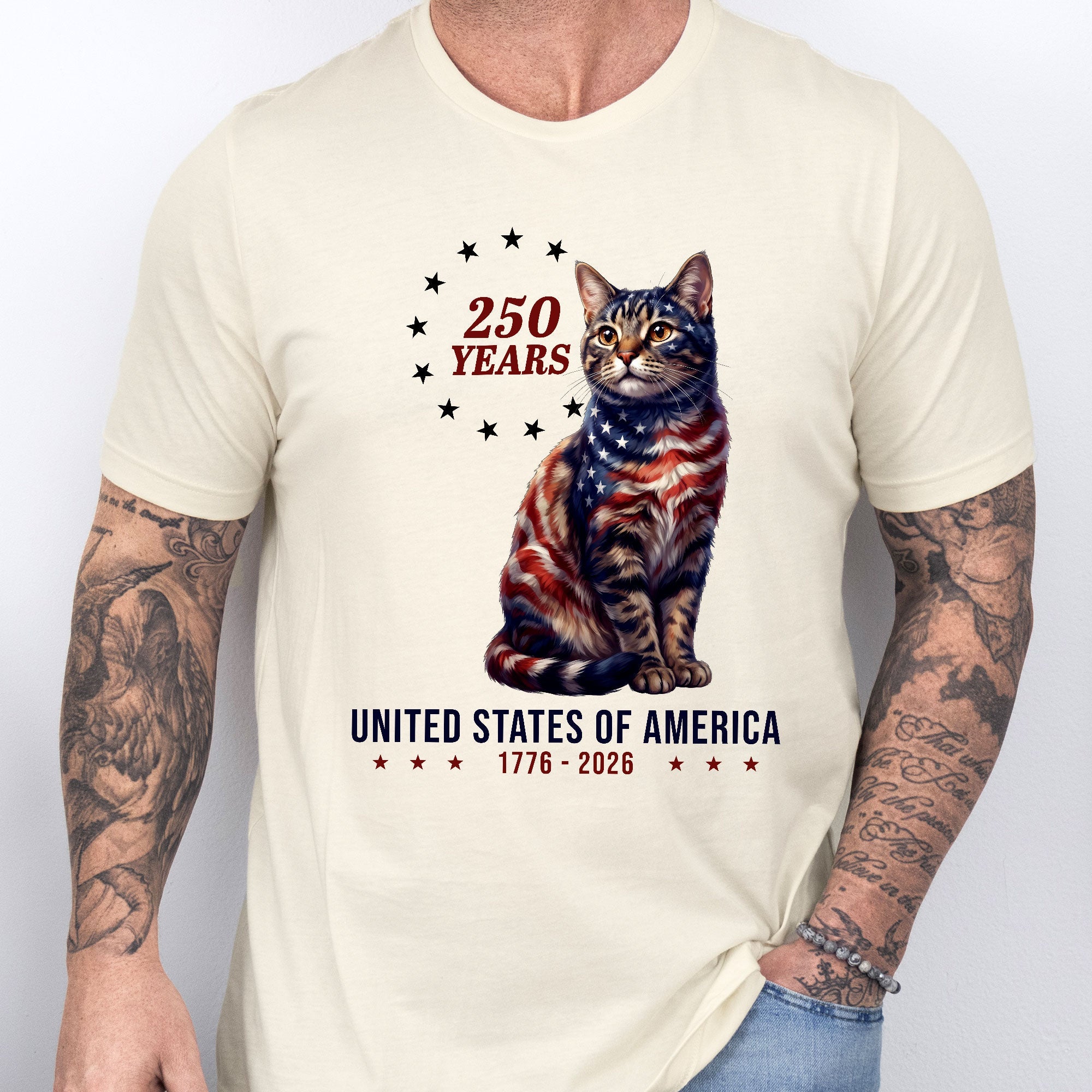 Patriotic American Cat T-Shirt, 250 Years of America 1776 2026 Tee for Cat Lovers