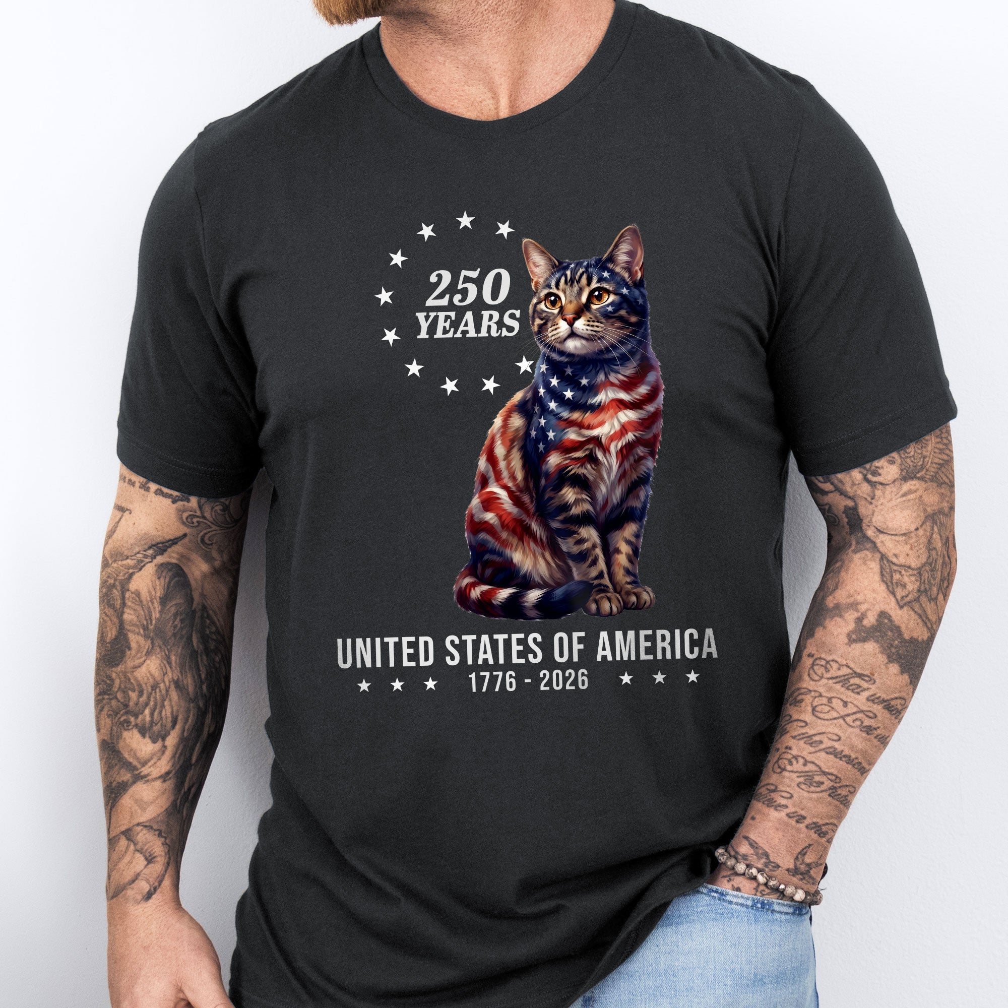 Patriotic American Cat T-Shirt, 250 Years of America 1776 2026 Tee for Cat Lovers