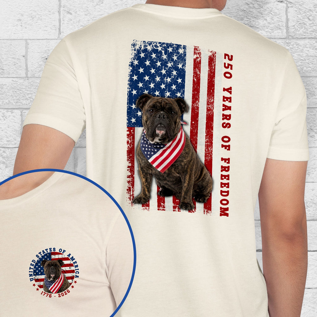 Patriotic Bulldog American T-shirt, 250 Years of Freedom 1776 2026 Tee for Dog Lovers