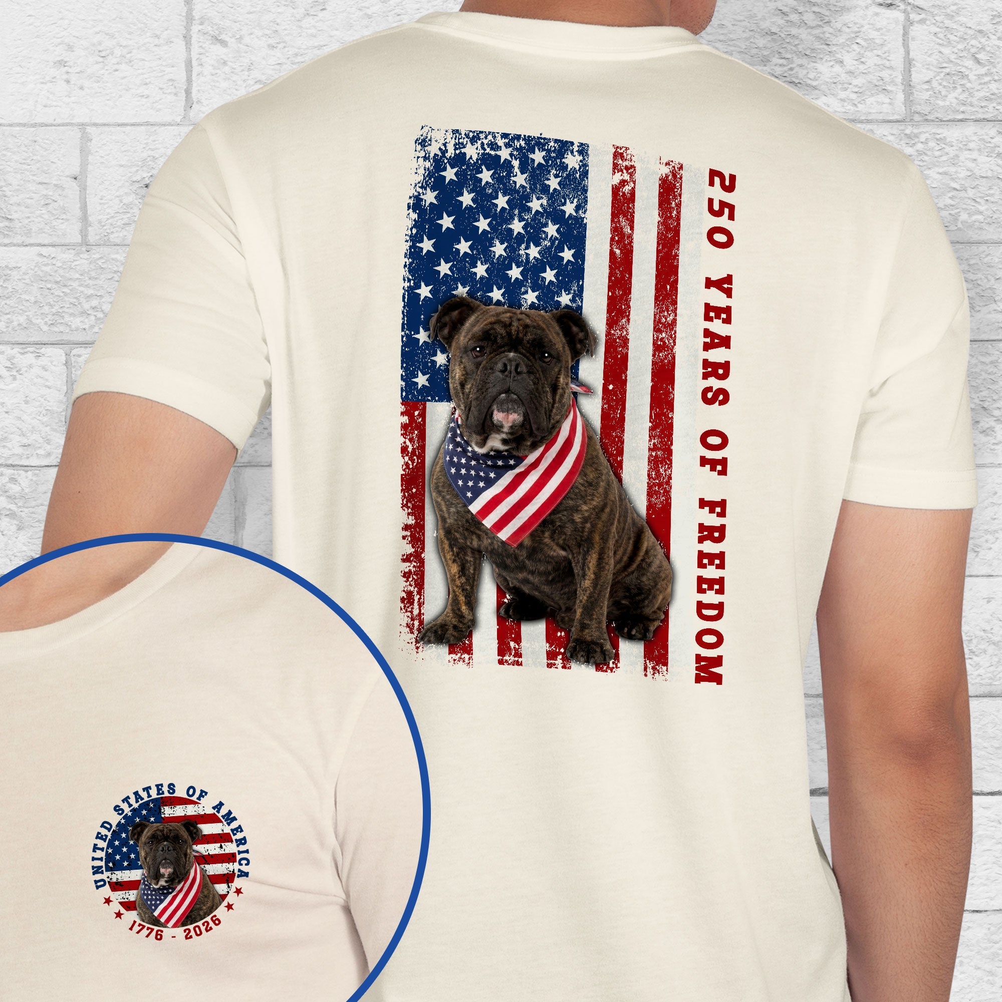 Patriotic Bulldog American T-shirt, 250 Years of Freedom 1776 2026 Tee for Dog Lovers
