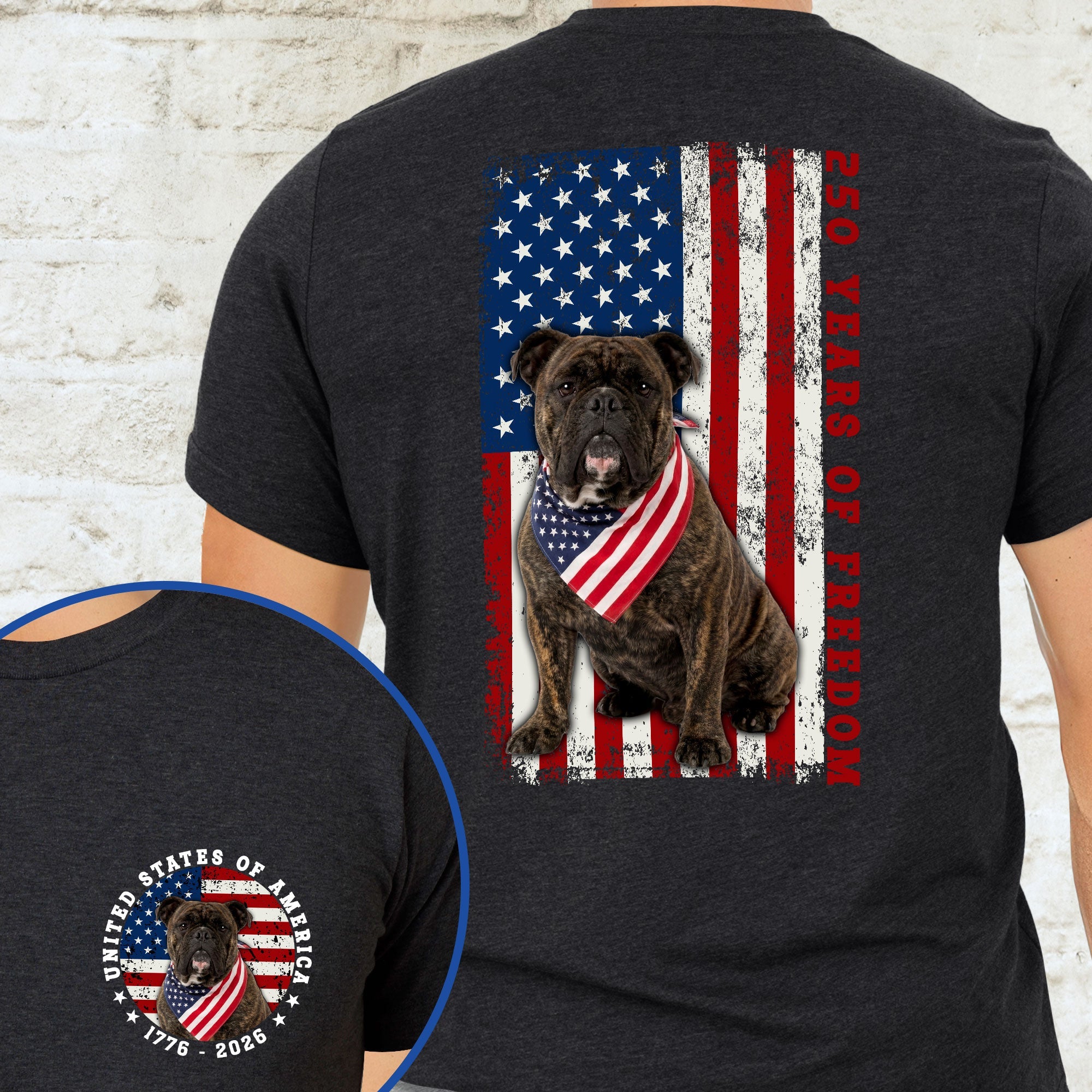 Patriotic Bulldog American T-shirt, 250 Years of Freedom 1776 2026 Tee for Dog Lovers