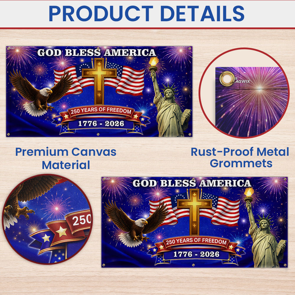 250 Years of Freedom Fence Banner, God Bless America Patriotic Outdoor flag
