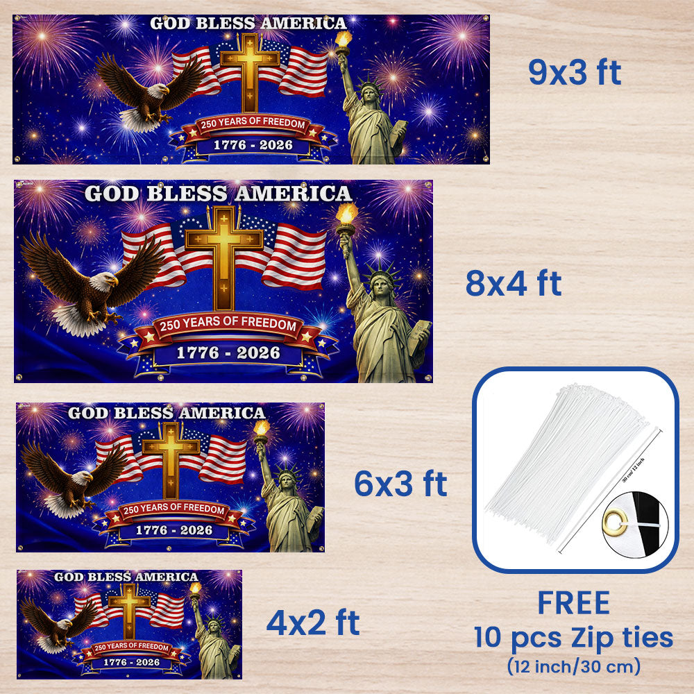 250 Years of Freedom Fence Banner, God Bless America Patriotic Outdoor flag
