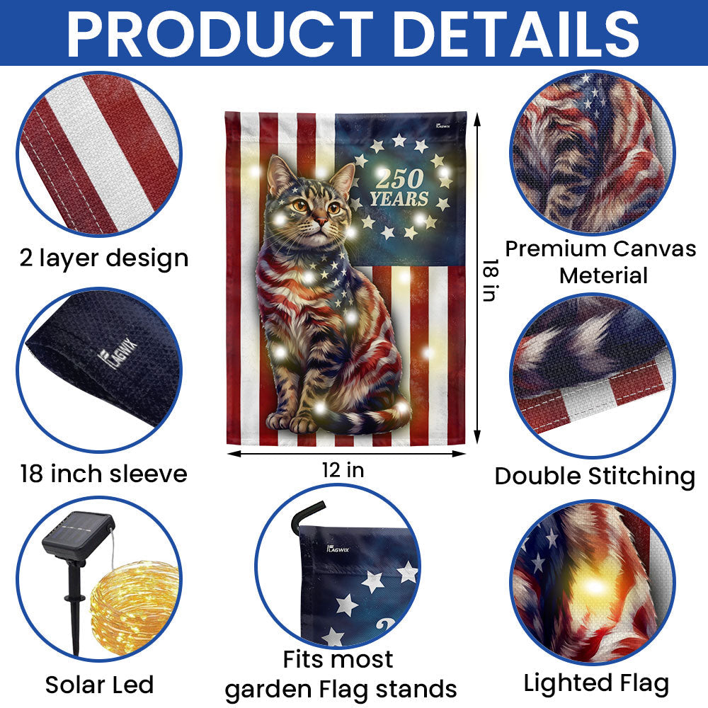 250 Years 1776 2026 Solar LED Flag Decor for Cat Lovers, Patriotic American Cat Garden Flag