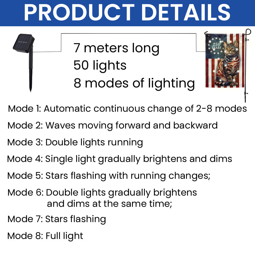 250 Years 1776 2026 Solar LED Flag Decor for Cat Lovers, Patriotic American Cat Garden Flag
