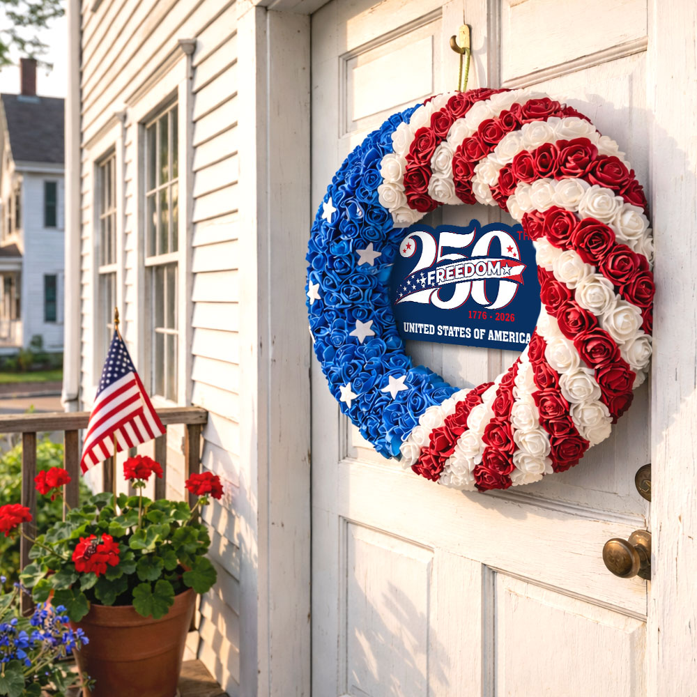250 Years American Flag Wreath, 1776 2026 Patriotic Front Door Decor