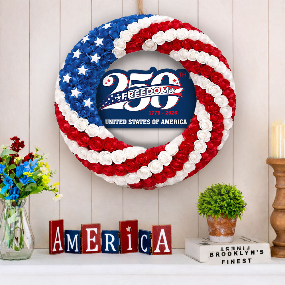 250 Years American Flag Wreath, 1776 2026 Patriotic Front Door Decor
