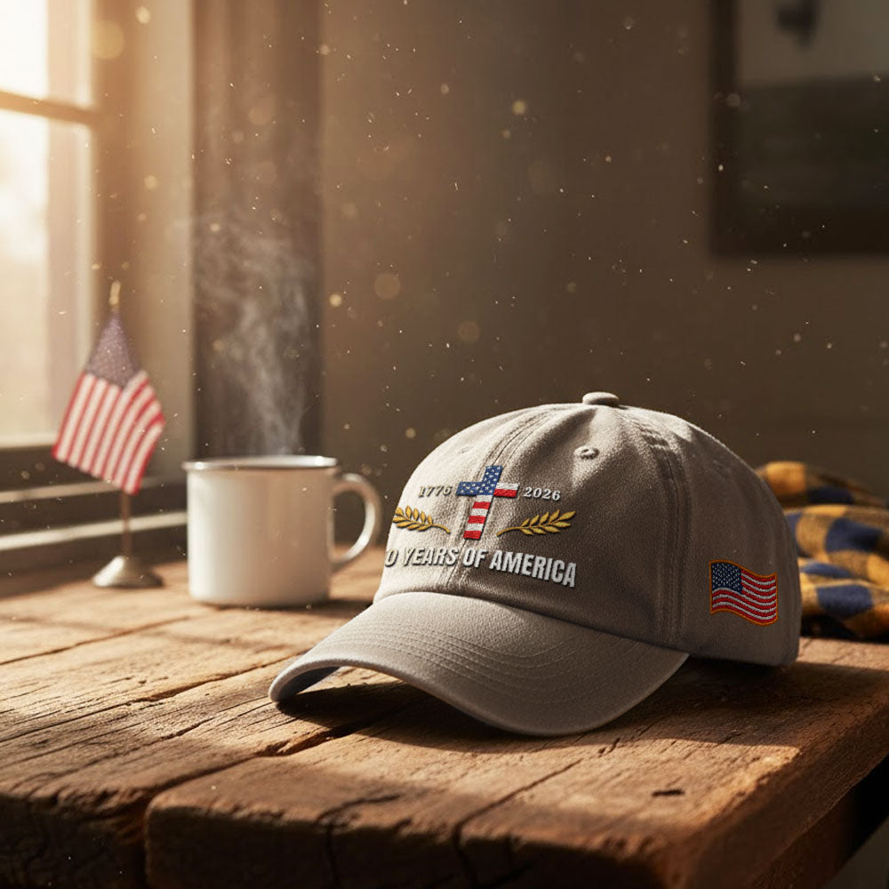 250 Years of America Patriotic Christian Washed Cap with Embroidered Cross American Flag