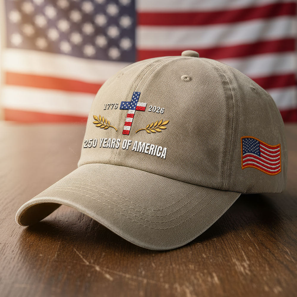 250 Years of America Patriotic Christian Washed Cap with Embroidered Cross American Flag