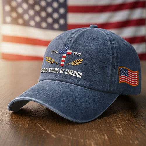 250 Years of America Patriotic Christian Washed Cap with Embroidered Cross American Flag