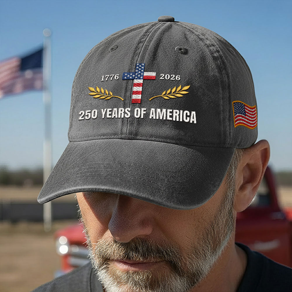 250 Years of America Patriotic Christian Washed Cap with Embroidered Cross American Flag