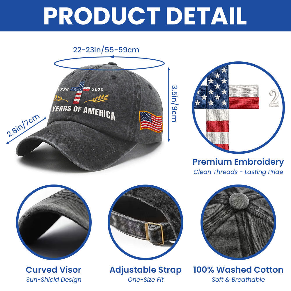 250 Years of America Patriotic Christian Washed Cap with Embroidered Cross American Flag