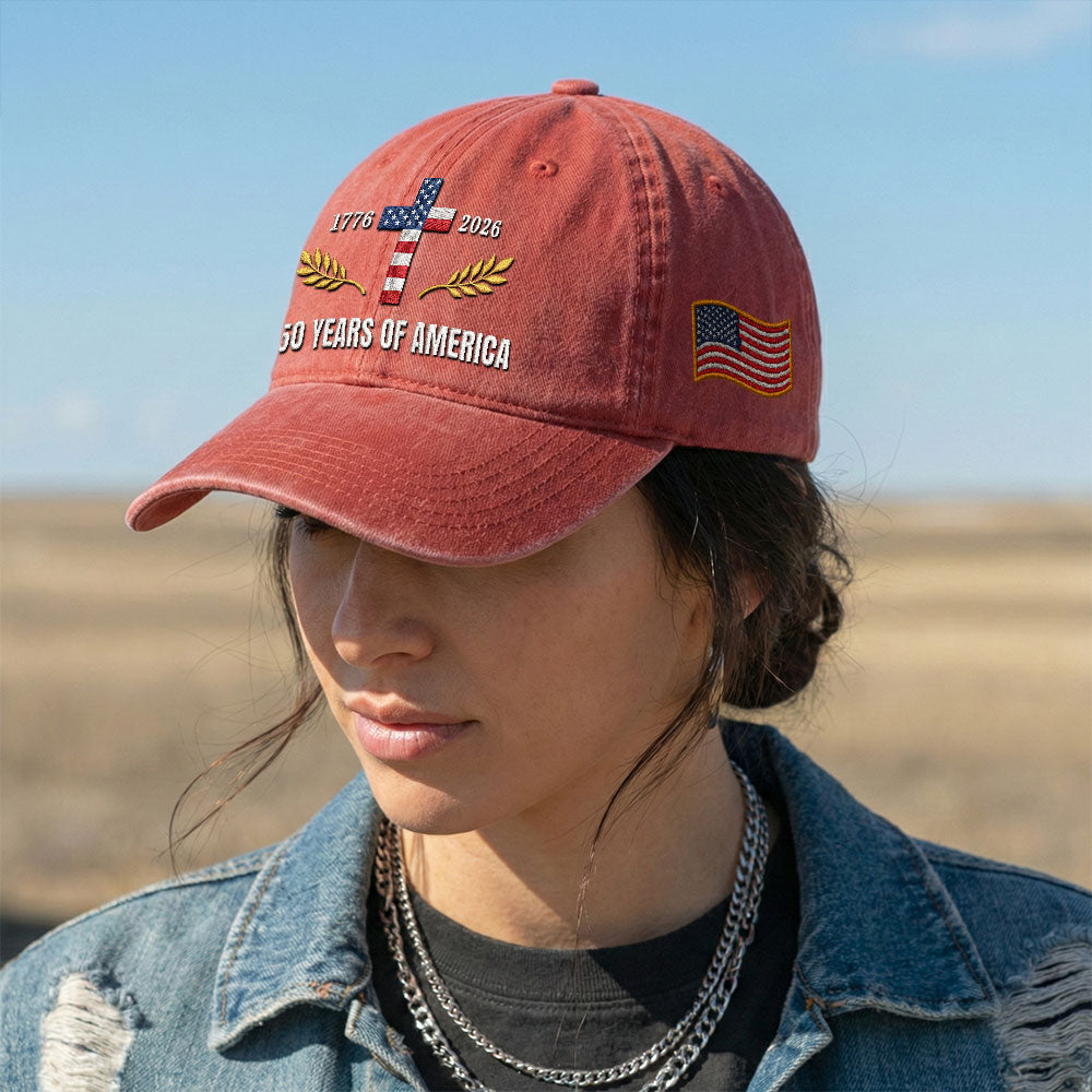 250 Years of America Patriotic Christian Washed Cap with Embroidered Cross American Flag