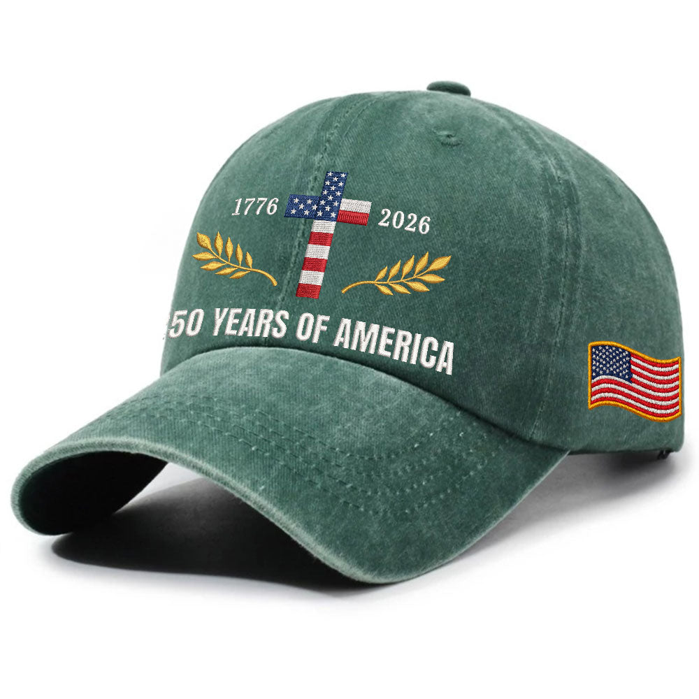250 Years of America Patriotic Christian Washed Cap with Embroidered Cross American Flag