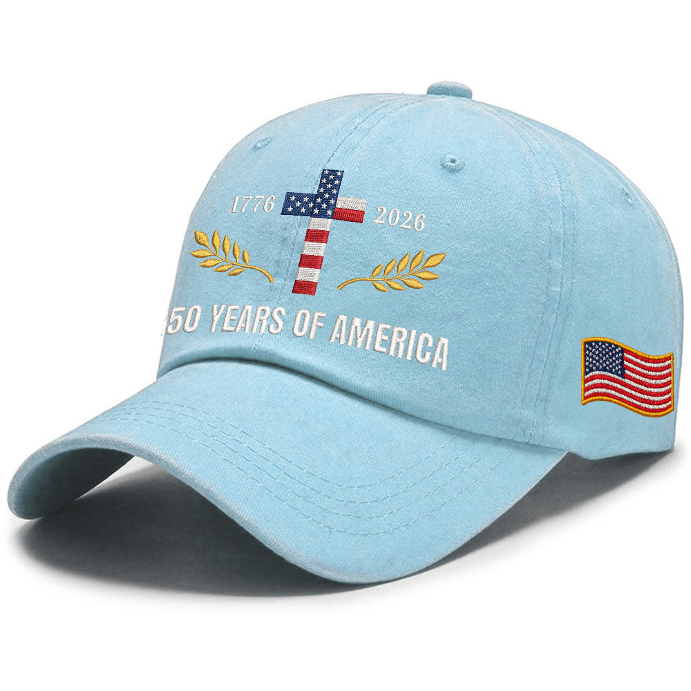 250 Years of America Patriotic Christian Washed Cap with Embroidered Cross American Flag