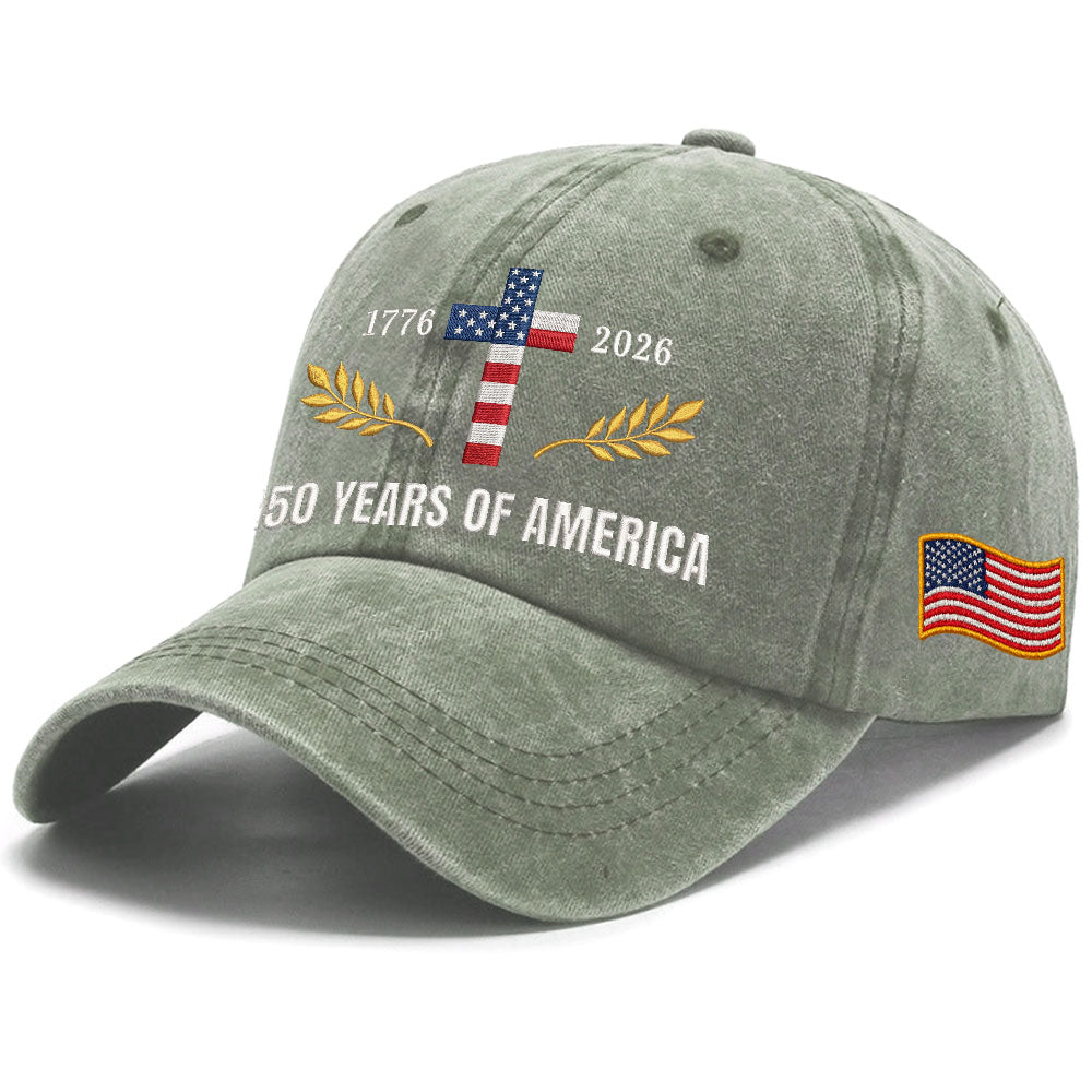 250 Years of America Patriotic Christian Washed Cap with Embroidered Cross American Flag