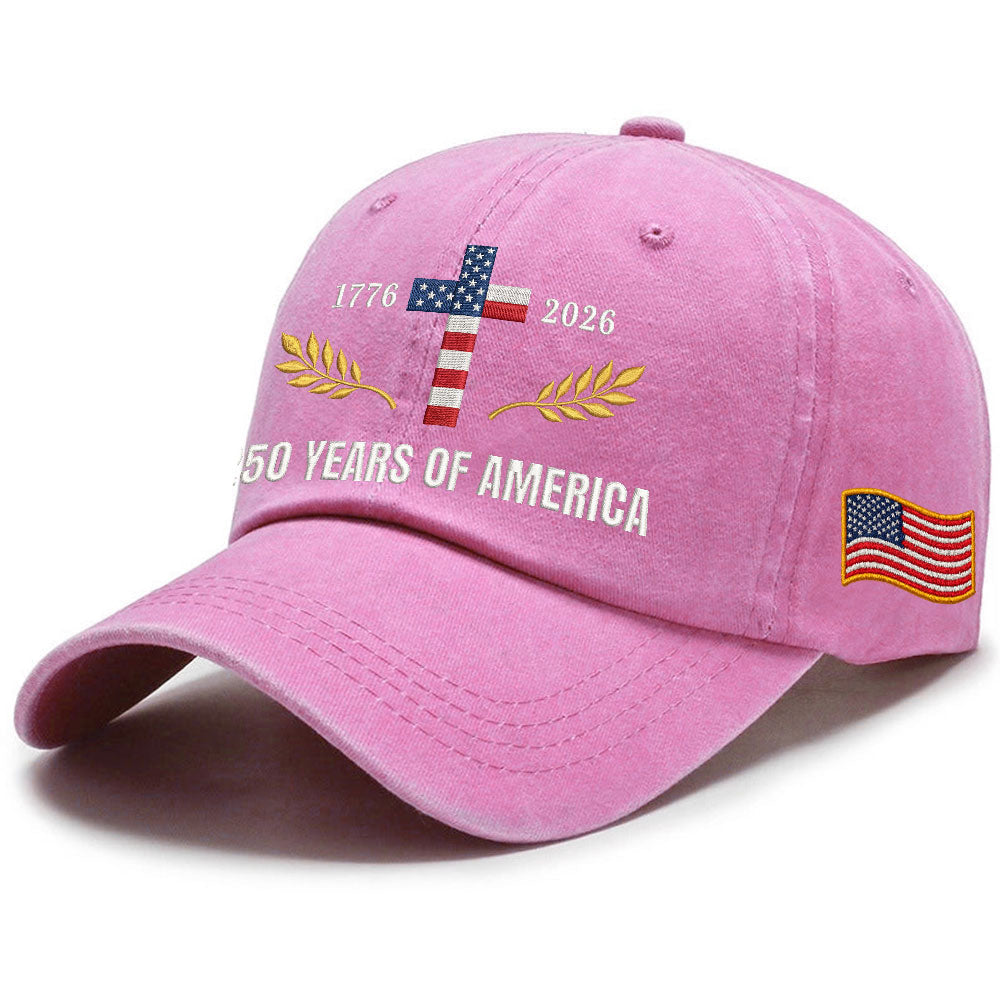 250 Years of America Patriotic Christian Washed Cap with Embroidered Cross American Flag