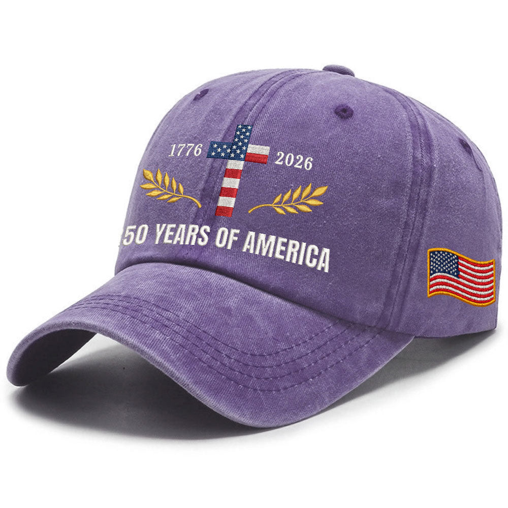 250 Years of America Patriotic Christian Washed Cap with Embroidered Cross American Flag
