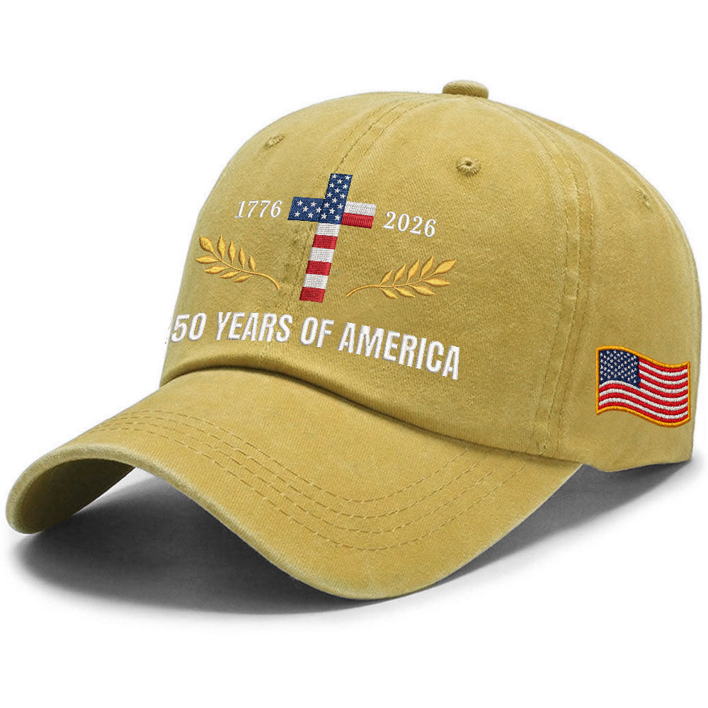 250 Years of America Patriotic Christian Washed Cap with Embroidered Cross American Flag