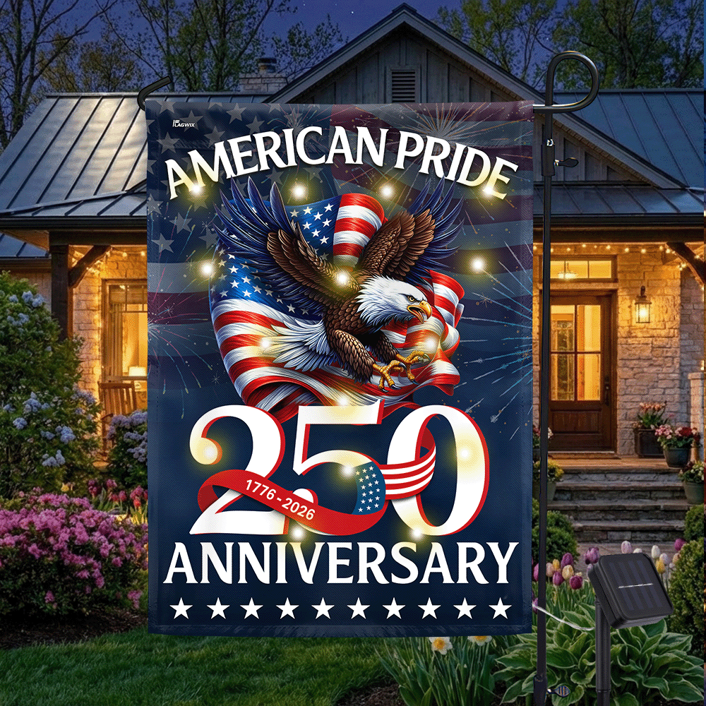 American Pride Flag Decor, Patriotic 250th Anniversary Eagle 1776–2026 Solar LED Flag