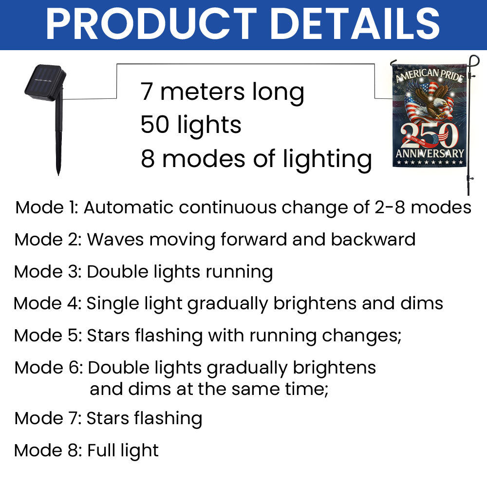 American Pride Flag Decor, Patriotic 250th Anniversary Eagle 1776–2026 Solar LED Flag