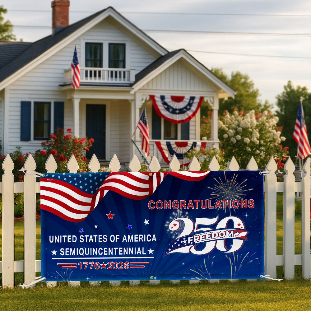 Congratulations 250 Semiquincentennial 1776 2026 Fence Banner, United States of America Patriotic outdoor Flag