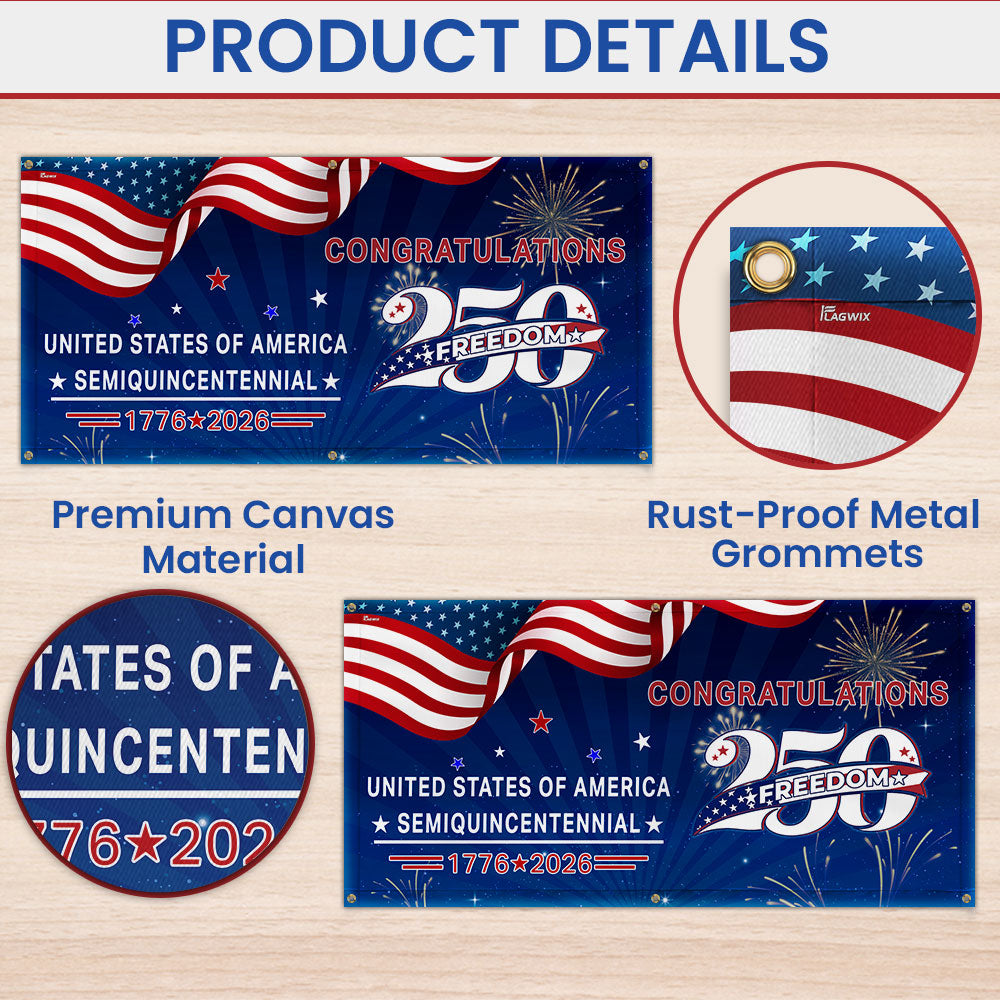 Congratulations 250 Semiquincentennial 1776 2026 Fence Banner, United States of America Patriotic outdoor Flag