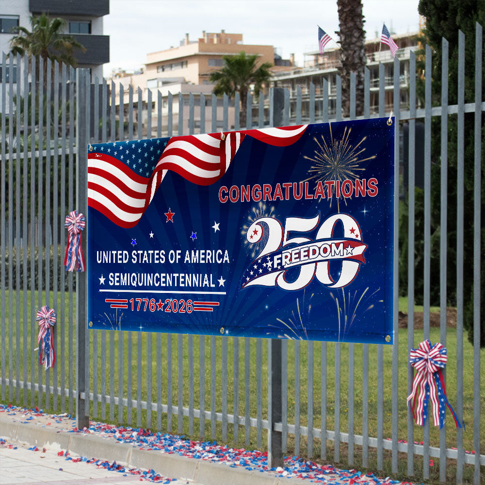Congratulations 250 Semiquincentennial 1776 2026 Fence Banner, United States of America Patriotic outdoor Flag