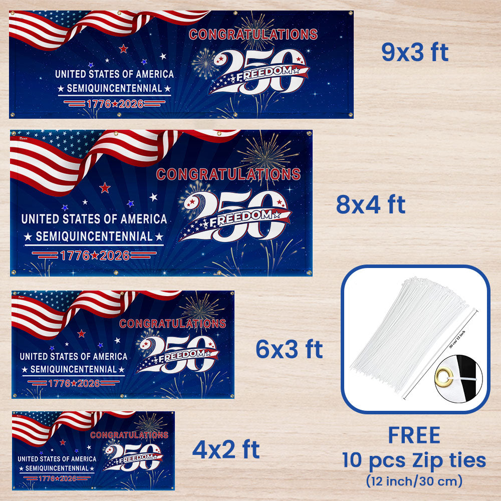 Congratulations 250 Semiquincentennial 1776 2026 Fence Banner, United States of America Patriotic outdoor Flag