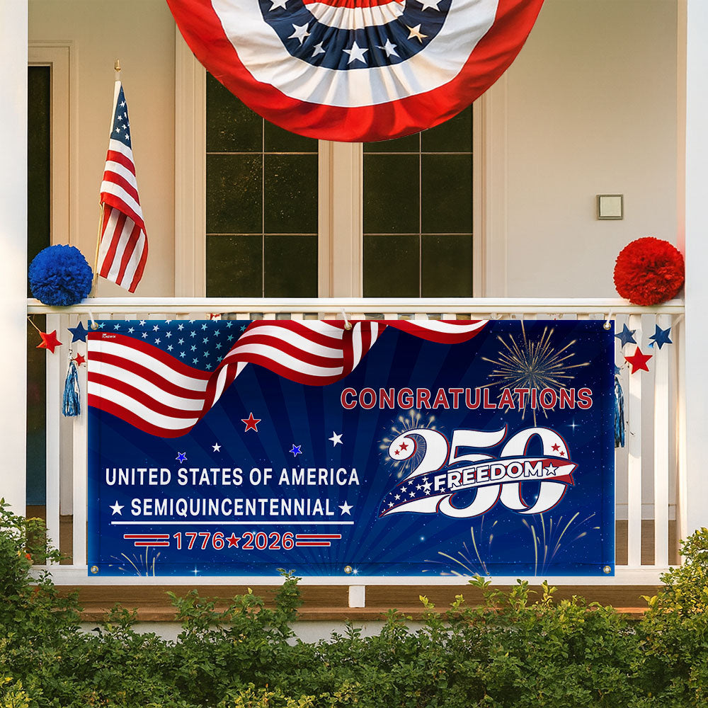 Congratulations 250 Semiquincentennial 1776 2026 Fence Banner, United States of America Patriotic outdoor Flag