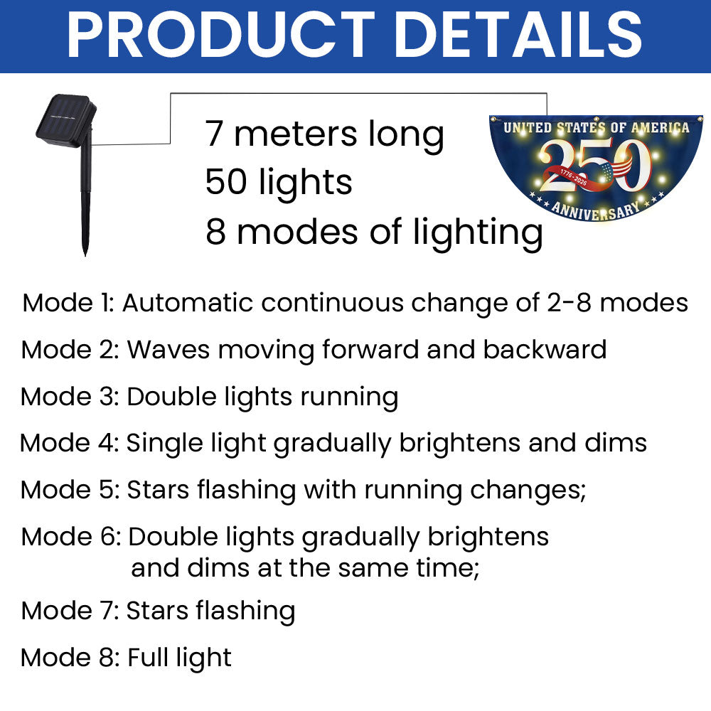 Patriotic 250 Years 1776 2026 Flag Decor, America Semiquincentennial Solar Led Fan Flag