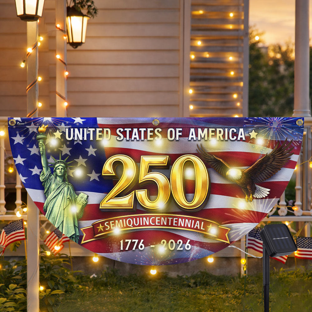 USA 250 Years Semiquincentennial Fan Flag, 1776 2026 Patriotic Solar LED Flag Decor
