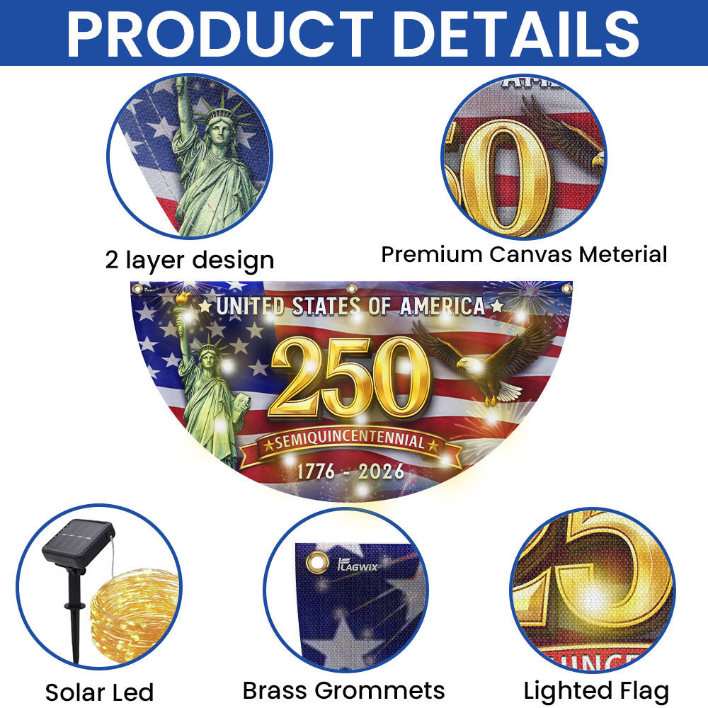USA 250 Years Semiquincentennial Fan Flag, 1776 2026 Patriotic Solar LED Flag Decor