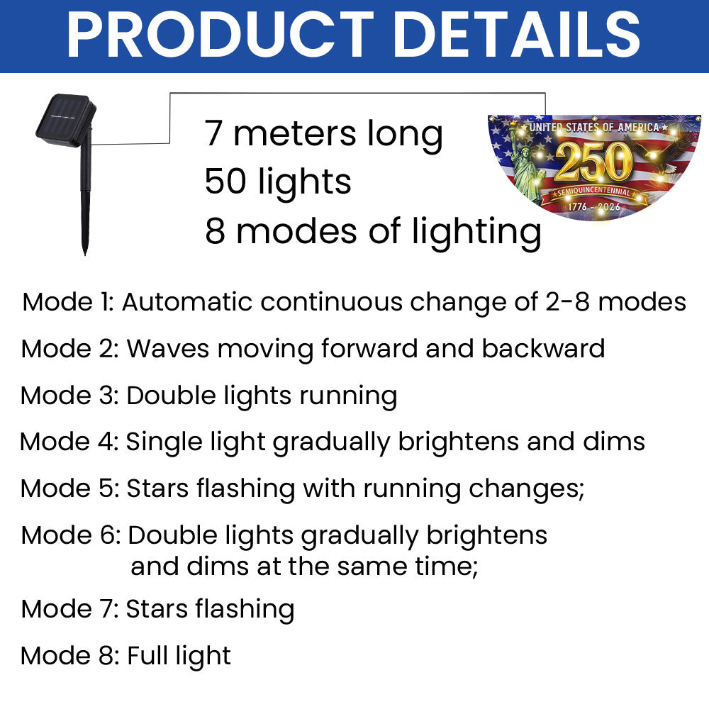 USA 250 Years Semiquincentennial Fan Flag, 1776 2026 Patriotic Solar LED Flag Decor
