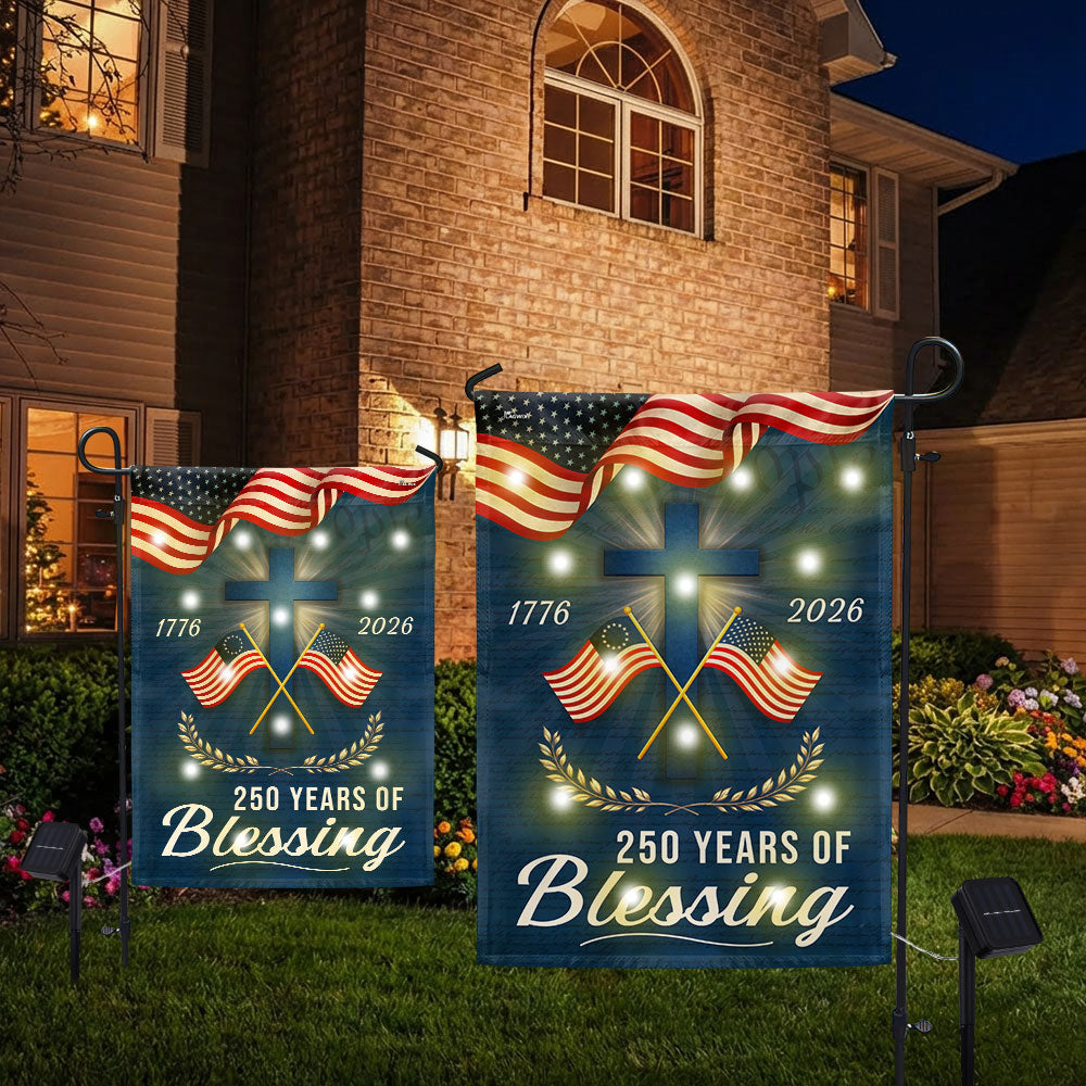 Patriotic Christian 250 Years of Blessings Garden Flag, American 1776 2026 Solar LED Flag