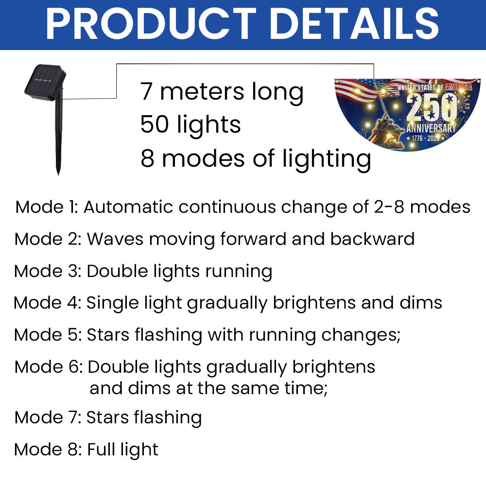 250th Anniversary USA Fan Flag, 1776 2026 Patriotic Solar Led Flag Decor
