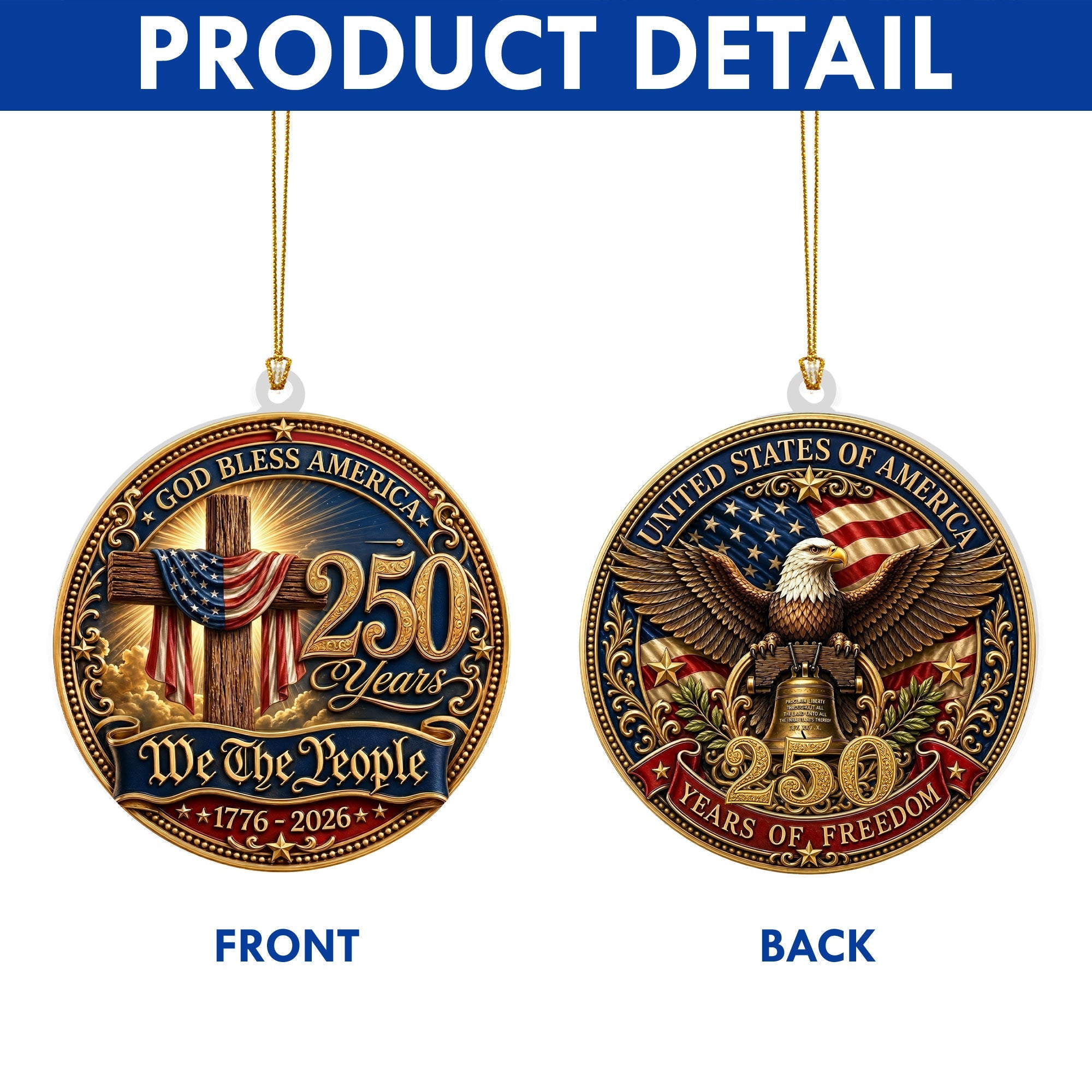 Patriotic God Bless America 2 Sided Ornament, 250 Years of Freedom Hanging Decor