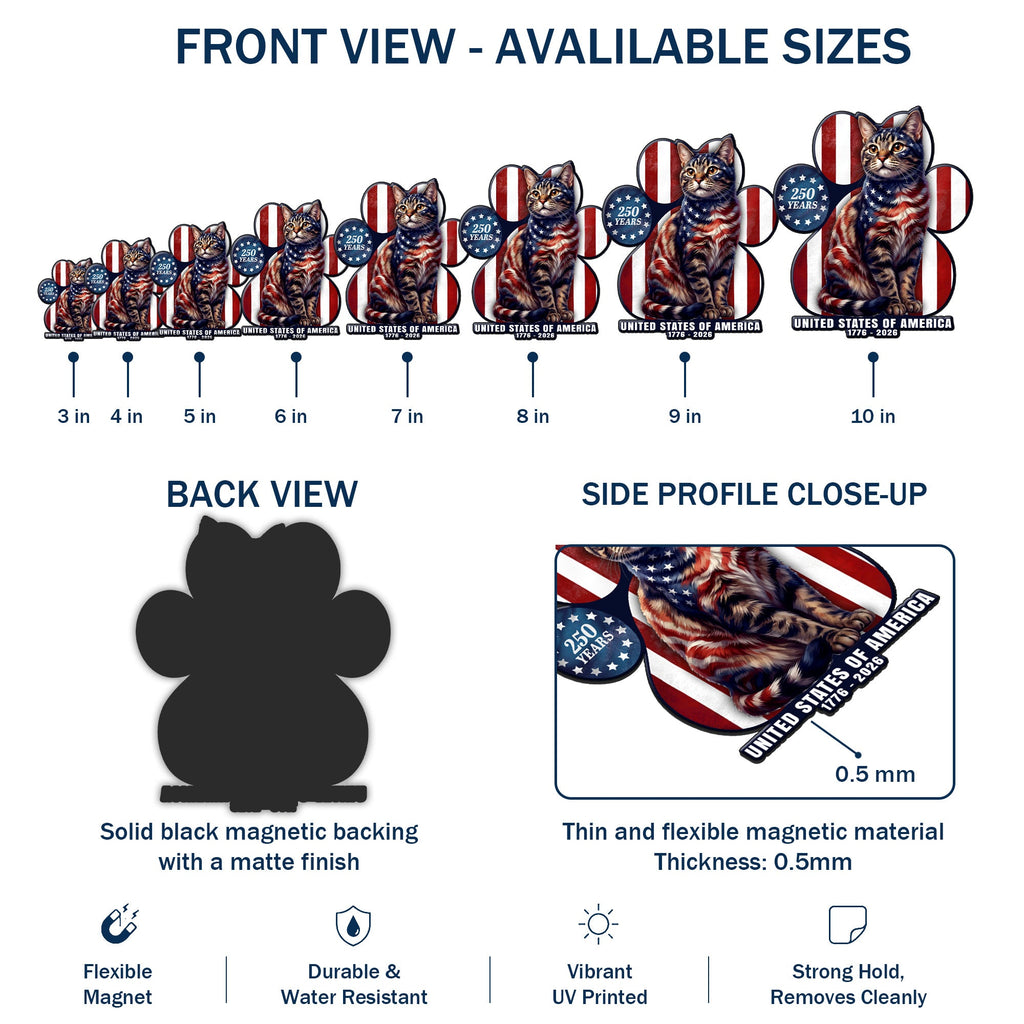 Patriotic American Cat Car Magnet, 250 Years of America 1776 2026  Die Cut Magnet  for Cat Lovers