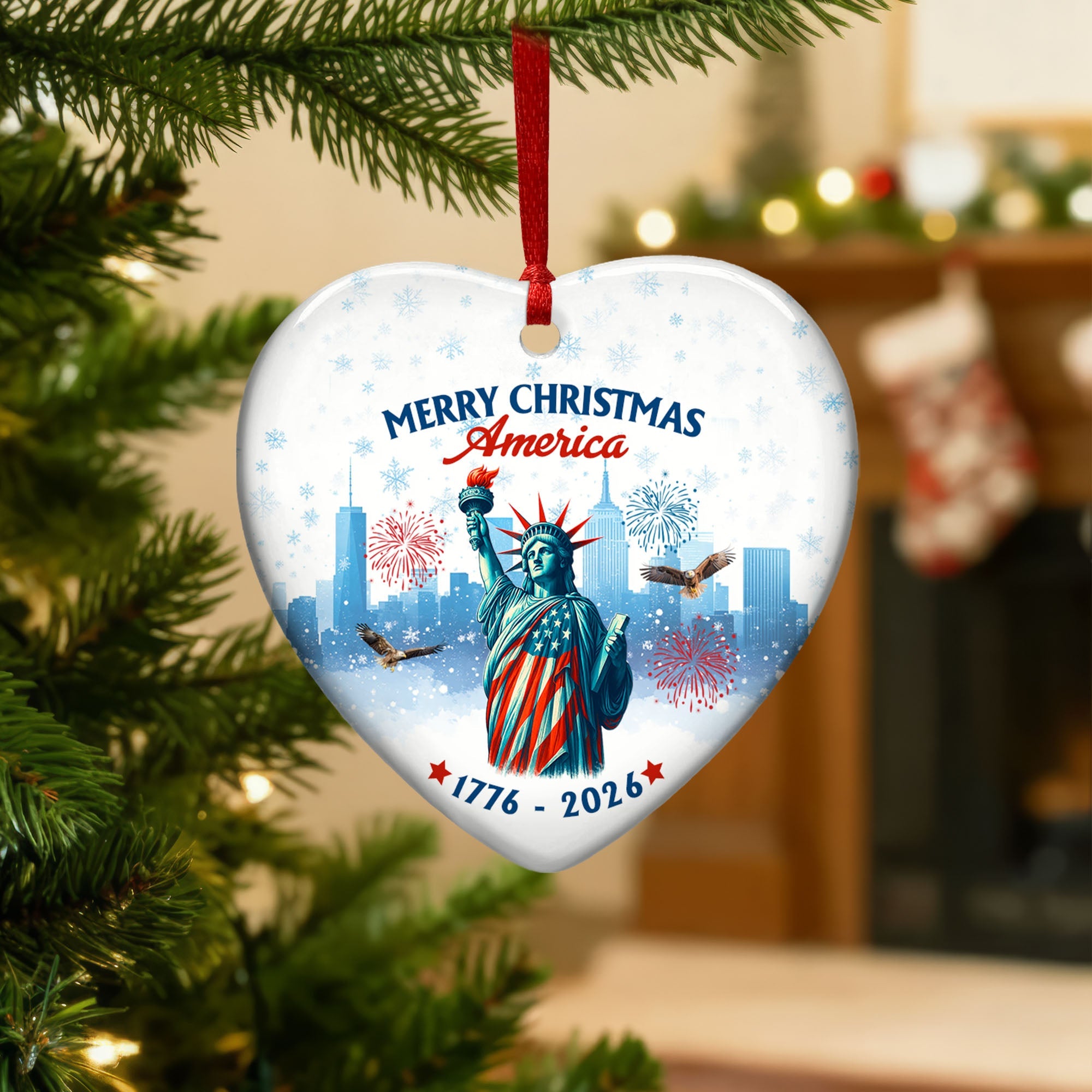 Merry Christmas America Ceramic Ornament | 250th Patriotic Liberty Decor