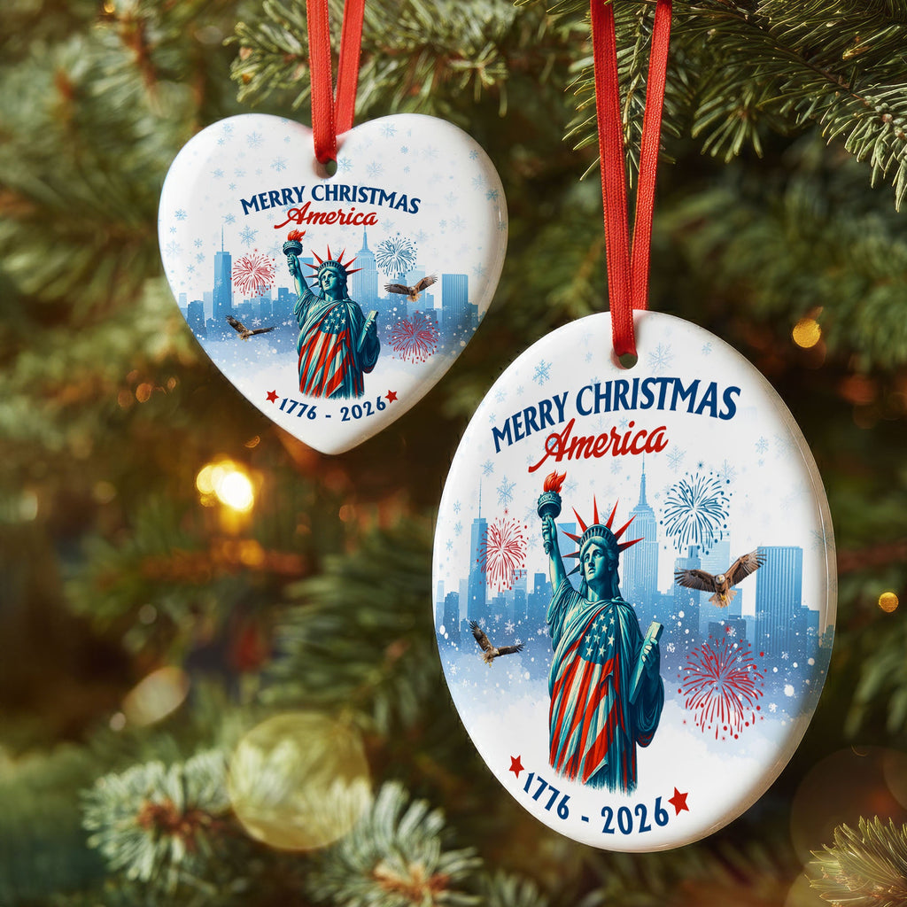 Merry Christmas America Ceramic Ornament | 250th Patriotic Liberty Decor