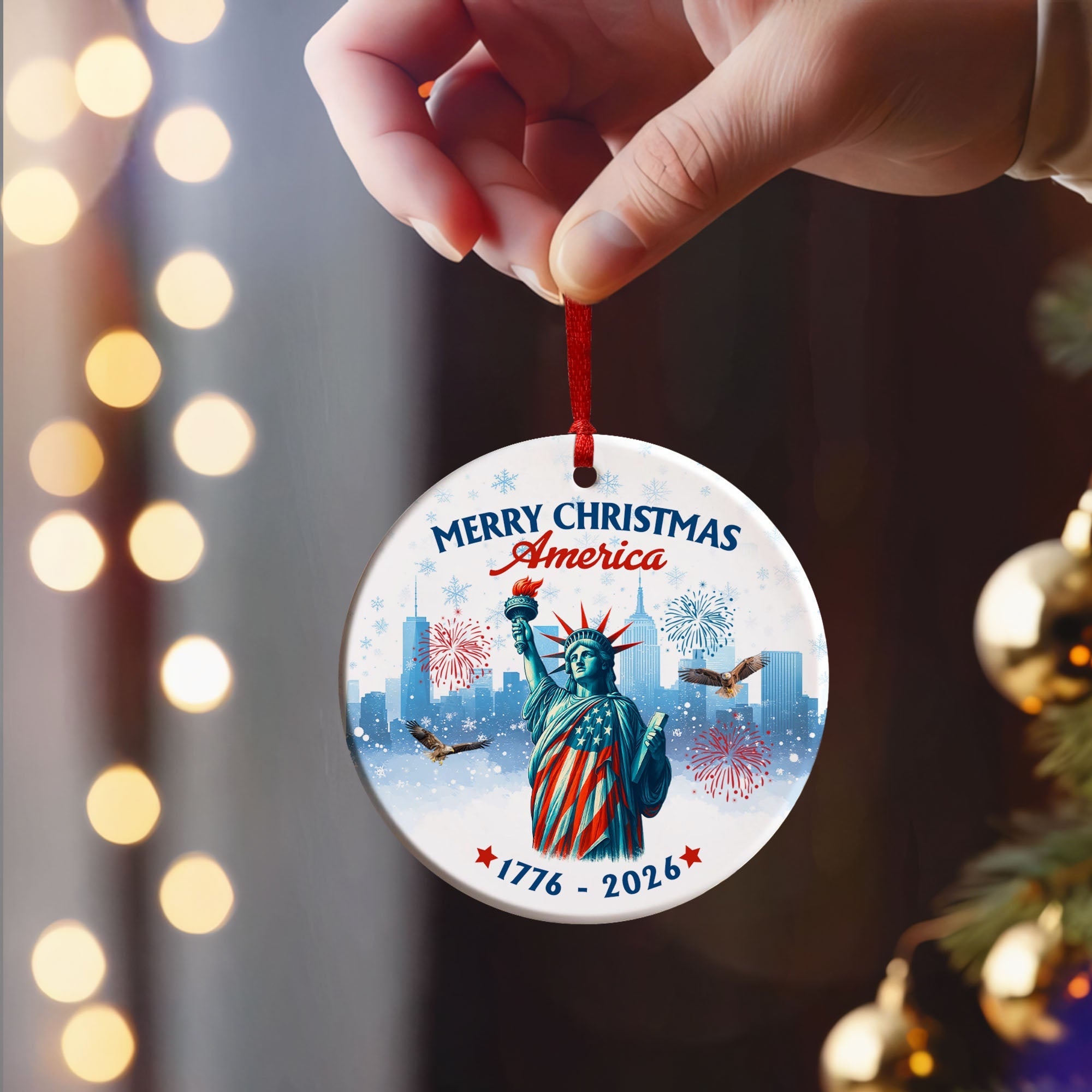 Merry Christmas America Ceramic Ornament | 250th Patriotic Liberty Decor