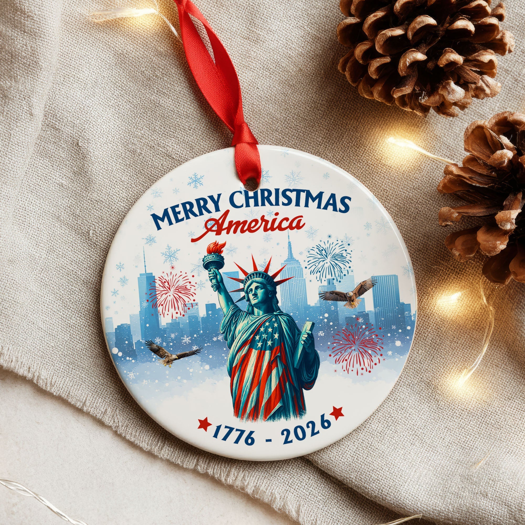 Merry Christmas America Ceramic Ornament | 250th Patriotic Liberty Decor