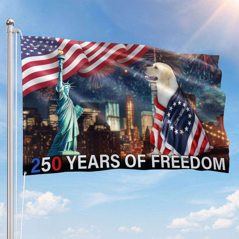 250 Years of Freedom Flag | Patriot Dog Wrapped in Glory Grommet Flag