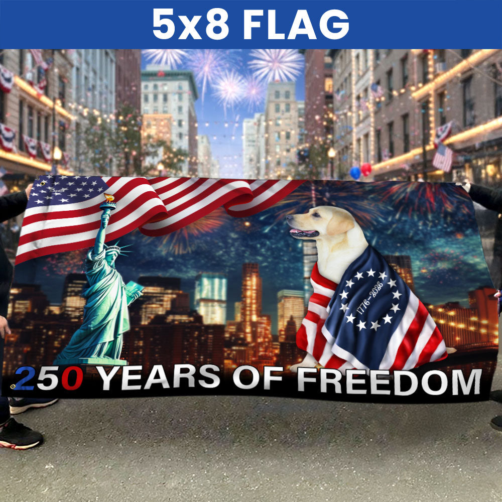 250 Years of Freedom Flag | Patriot Dog Wrapped in Glory Grommet Flag