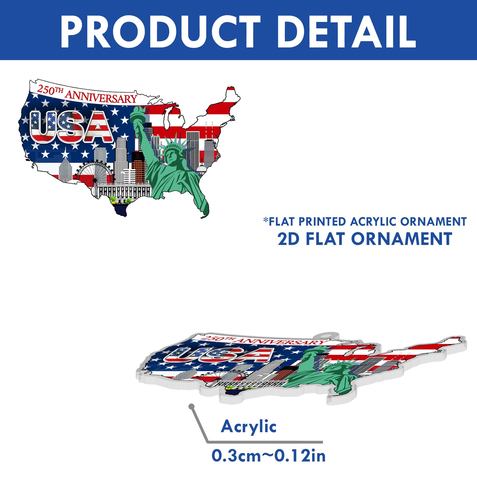 250th Anniversary Ornament | USA Map Liberty Patriotic Acrylic Ornament