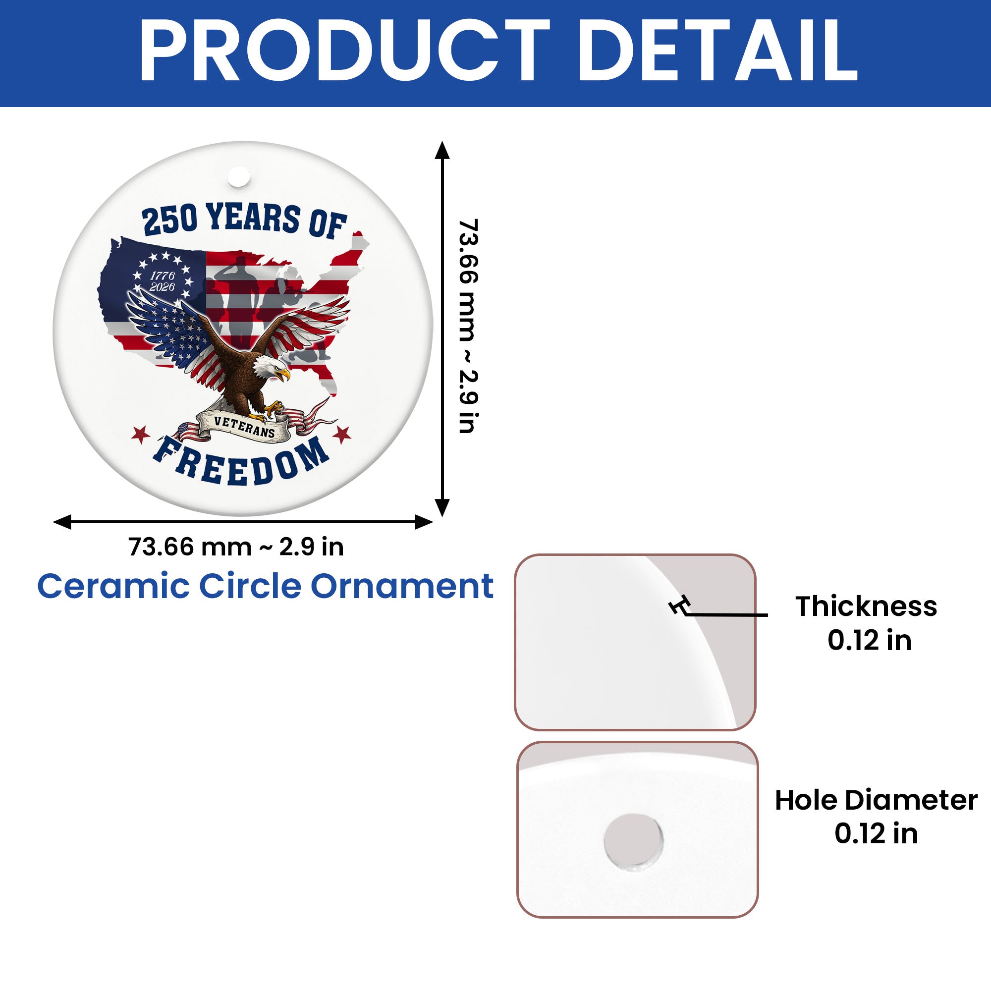 250 Years of Freedom Ornament | Patriotic Veterans Ceramic Ornament