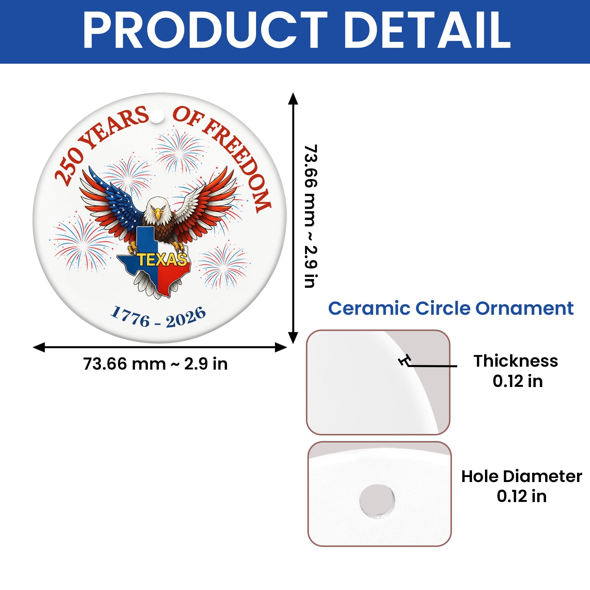 250 Years of Freedom Ceramic Ornament | Patriotic Eagle Texas Ornament