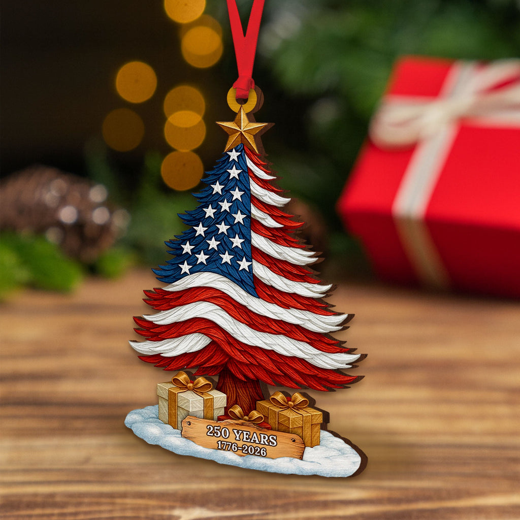 250 Years of America Patriotic Christmas Tree Wooden Ornament, 1776 - 2026 Christmas Tree Decoration, Patriotic Ornament, Independence Day Gift